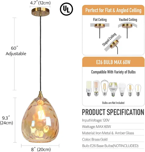 Miniatura 5 de Iluminación colgante dorada con pantalla de vidrio martillado ámbar, lámpara colgante Art Deco de 1 luz para isla de cocina, comedor, dormitorio