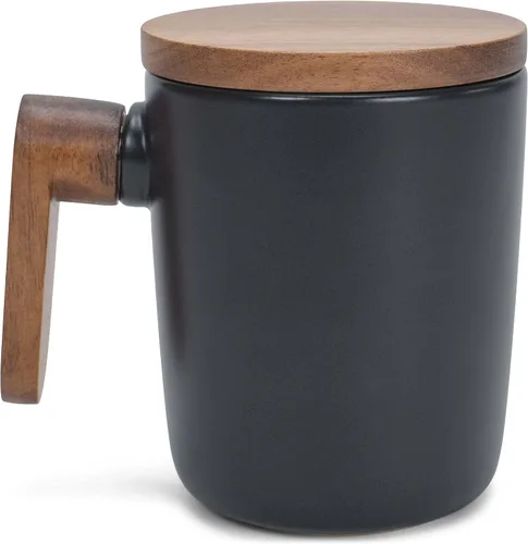 Nat & Jules Taza de cerámica estilo japonés, negra, 12 onzas, con asa de madera y tapa con posavasos