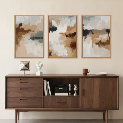 Miniatura 4 de LHIUEM Gran Arte de Pared de Lienzo Abstracto Marrón Gris Enmarcado, Decoración de Pared en Toques de Pincel Pastel, Pintura de Pared Moderna