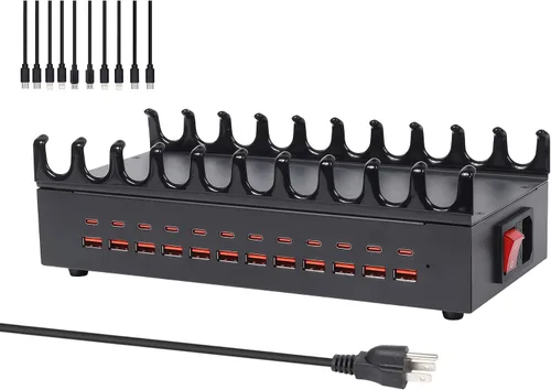 Estación de Carga de 300W para Múltiples Dispositivos - Estación de Carga Rápida USB de 24 Puertos con Entrega de Energía Inteligente - Estación de