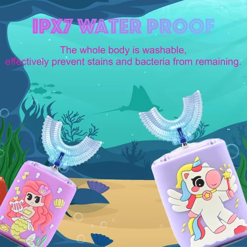 Miniatura 7 de Cepillo de dientes eléctrico en forma de U para niños pequeños con 5 cabezales de cepillo, diseño de unicornio de dibujos animados, limpieza de boca