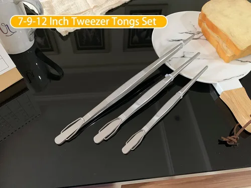 Miniatura 2 de JETKONG Pinzas de Cocina Extra Largas de Acero Inoxidable Resistente Pinzas de Cocina, Juego de 3 (9, 12, 14 pulgadas, plateado)