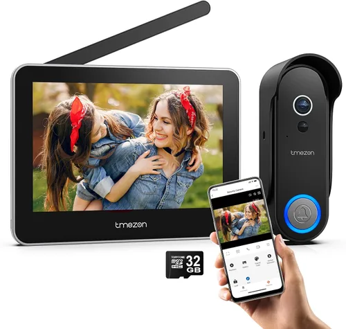 Tmezon Timbre de video inalámbrico con cámara y monitor, sistema de intercomunicación WiFi, cámara 1080P con monitor, video portero con pantalla