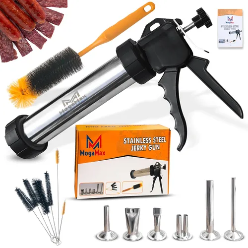 MogaMax Kit de pistola de cecina de gran capacidad y cañón de acero inoxidable, máquina de carne de res y ciervos con 6 boquillas, 7 cepillos de