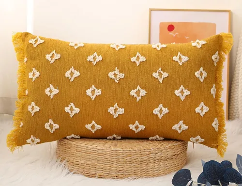 Miniatura 8 de Funda de almohada lumbar larga bohemia de 14x20 pulgadas con borla, de algodón, con patrón de flores 3D, funda de almohada lumbar larga para sofá