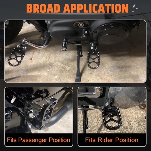 Miniatura 6 de Estacas de pie anchas y gruesas CNC StarknightMT con giro de 360° estilo MX Chopper Bobber compatibles con Dyna Fatboy Sportster Iron 883 (Negro)