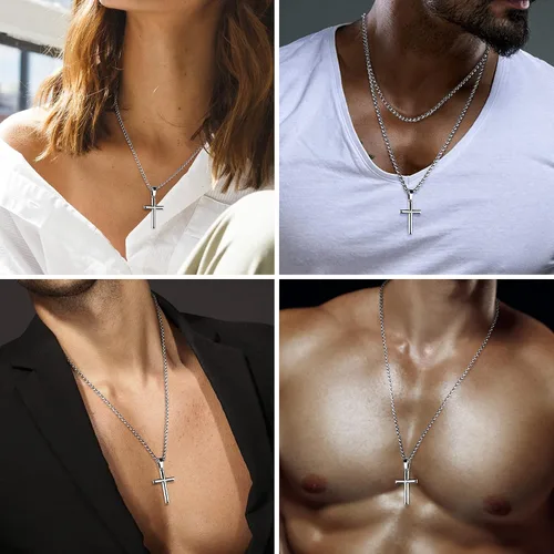 Miniatura 5 de Jstyle Collar de cruz para hombre, colgante de cruz de plata de ley con cadena Rolo para hombres y mujeres, 16-24 pulgadas, Circonia cúbica