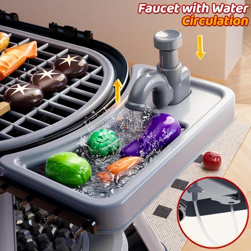 Miniatura 7 de Juego de parrilla para niños pequeños de 3 a 5 años, juguete de cocina de barbacoa al aire libre de 2 capas con humo, luces y sonidos, juego