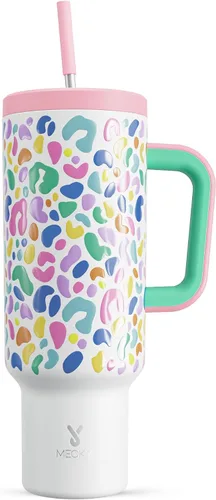 Miniatura 60 de Meoky - Vaso de 30 oz con asa, tapa y pajilla, taza de viaje térmica de acero inoxidable 100% a prueba de fugas, para portavasos, mantiene el frío
