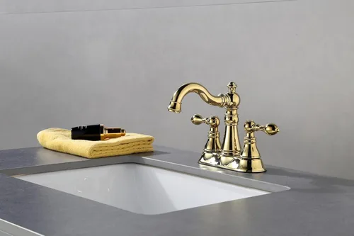 Miniatura 2 de Llave de baño de latón pulido de dos asas de 3 agujeros con conjunto de drenaje emergente, llave de lavamanos clásico de 4 pulgadas con caño