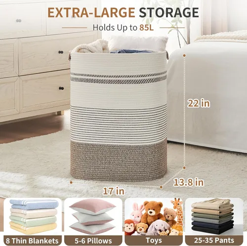 Miniatura 2 de AINUOQI Cesta de lavandería – Cesta alta de cuerda tejida para ropa sucia – Cesta de ropa con asas de cuero, 17 x 13.8 x 22 pulgadas, cesta de Arroz
