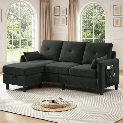 Miniatura 9 de Sofás Seccionales Convertibles de 77", Sofá en Forma de L de 3 Asientos con Chaise de Almacenamiento y Almohadas Removibles, Sofá Pequeño de Tela