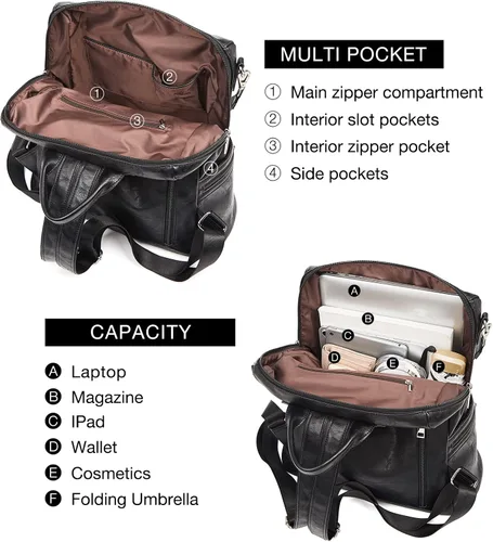 Miniatura 4 de FOXLOVER Mochila de moda para mujer, bolso de hombro grande convertible de cuero para mujer, Negro E, Classic