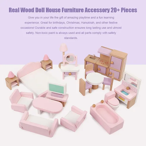 Miniatura 2 de 22 piezas de muebles de casa de muñecas de madera, accesorios de muebles de madera a escala 1:12, muebles de muñeca para muñeca, sala de estar