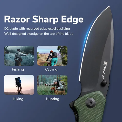 Miniatura 3 de SENCUT Cuchillo de bolsillo para EDC, cuchillo plegable Slashkin, espárrago y abridor de aleta, micarta de lona verde con hoja D2 de 3.48 pulgadas