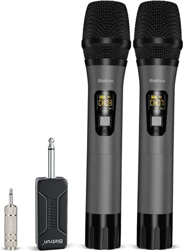 Miniatura 10 de Bietrun Micrófono Inalámbrico XLR, Conjunto de Micrófono Dinámico de Metal Portátil Dual UHF con Receptor Recargable, Adaptador XLR a 1/4