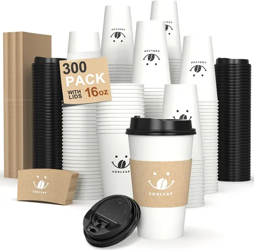 Miniatura 25 de Paquete de 100 tazas de café desechables de pared ondulada corrugada de 16 onzas con tapas y pajitas, tazas aisladas resistentes para bebidas