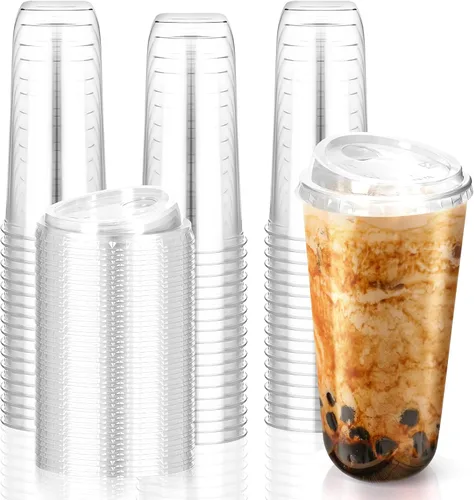 Miniatura 10 de 50 piezas de vasos de plástico para café con tapas con asa, vasos desechables de plástico PET transparente con tapas sin pajita para café helado