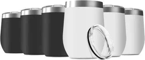 Miniatura 10 de Vaso de vino de 12 onzas con tapa, vaso de vino de acero inoxidable, vaso de vino de doble pared aislado al vacío, tazas de viaje sin tallo Blanco