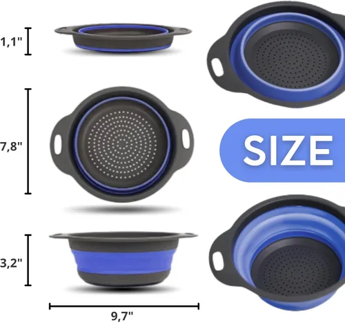 Miniatura 2 de Colador redondo de silicona azul plegable – Colador de cocina plegable pequeño colador plegable azul con asas de plástico para drenar verduras
