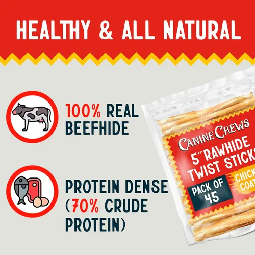 Miniatura 3 de Canine Chews Palitos recubiertos de pollo de 5 pulgadas, paquete de 45 golosinas de cuero crudo para perros de origen estadounidense, masticables