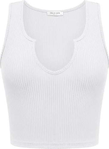 Miniatura 6 de Ekouaer Camiseta corta sin mangas con cuello en V para mujer, ajustada, color blanco