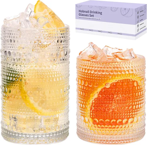 Miniatura 9 de Moretoes - Juego de vasos de beber Hobnail de 12, 12 onzas vasos altos y 10 onzas vasos de cóctel, vasos de vidrio con relieve estilo boho