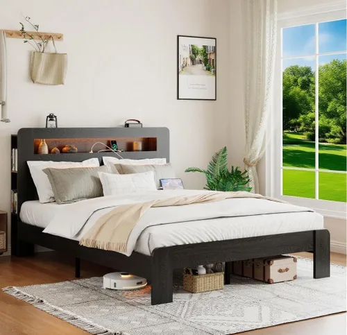 Miniatura 9 de Estructura de cama de madera tamaño Queen con cabecero de almacenamiento, estructura de cama de plataforma estilo granja con estante de biblioteca