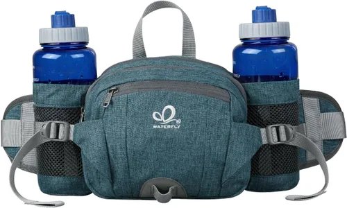 Waterfly - Riñonera Fanny Pack: Bolso Fanny con 2 soportes para botellas de agua, cinturón lumbar, para senderismo, caminatas, correr, trotar, Azul