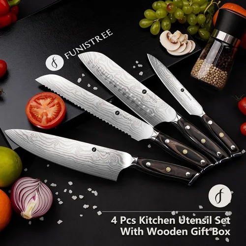 Miniatura 4 de Juego de 4 cuchillos de cocina profesional, juego de cuchillos de chef de acero inoxidable alemán de Damasco con caja de madera, cuchillo de chef