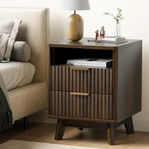 Miniatura 13 de Mesita de noche con 2 cajones de almacenamiento, mesa auxiliar moderna para dormitorio con asa recortada, mesitas de noche grandes para dormitorio