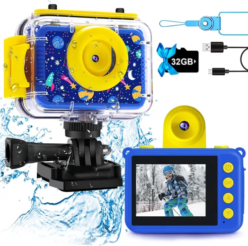 Juguete de piscina y cámara submarina para niños, cámara de acción impermeable de 99 pies, video de 1080P y foto de 20 MP con lente abatible, Azul