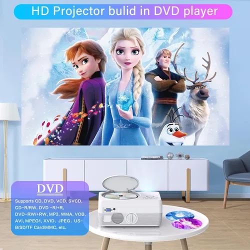 Miniatura 8 de Proyector Bluetooth Full HD WiFi Reproductor de DVD integrado, 12000LM 1080P compatible, mini proyector de DVD portátil para películas al aire Blanco