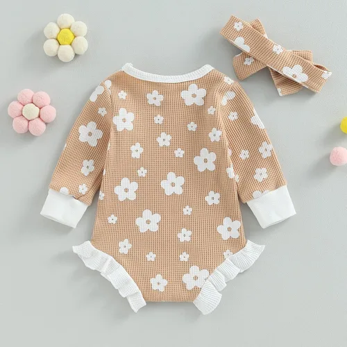 Miniatura 21 de Ropa de bebé recién nacida, sudadera floral de manga larga, mameluco con volantes, diadema de gofre, traje de otoño de una pieza