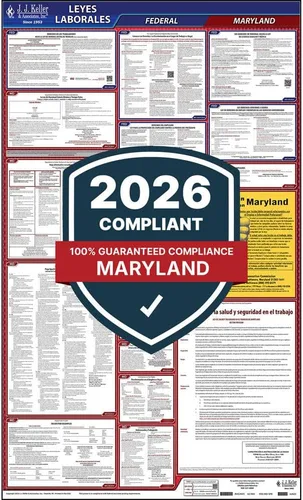 Póster de la ley laboral federal y de Maryland 2026 (inglés, MD State) - Póster laminado todo en uno que cumple con OSHA, J. J. Keller & Associates,