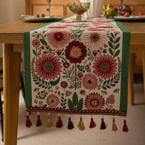 Miniatura 12 de Camino de mesa navideño con borlas de pompones, decoración de mesa de mezcla de lino y algodón para mesa de comedor, tocador, chimenea