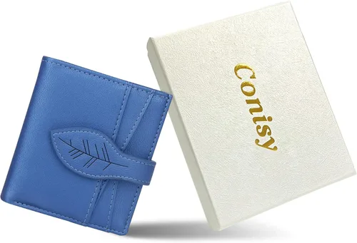 Miniatura 6 de CONISY Cartera pequeña para mujer, con bloqueo RFID, de piel, plegable, con bolsillo frontal, con cremallera (azul)