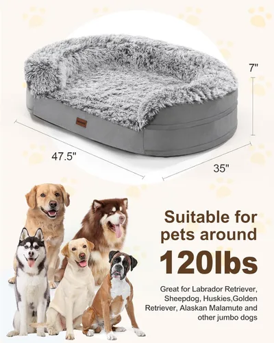 Miniatura 9 de iweepet Camas para Perros Jumbo, 47.5"x35"x7.6", Cubierta Extraíble y Lavable, Bordes Elevados Rebotables, Fondo Antideslizante, Tamaño Extra Gris