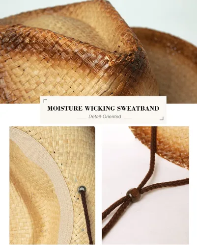 Miniatura 13 de Comhats Sombrero de paja de vaquero redondo de estilo occidental para mujer, cordón de barbilla Fedora de cuero vegano, ala moldeable, vaquera
