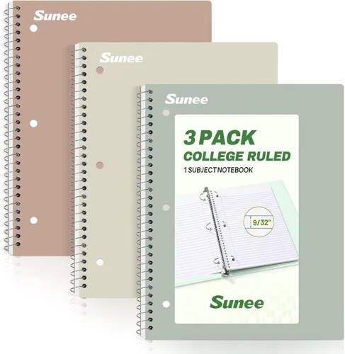 SUNEE Cuadernos en espiral, paquete de 3, 1 materia, papel rayado universitario, 8 x 10-1/2 pulgadas, 70 hojas por cuaderno, cuadernos en espiral de