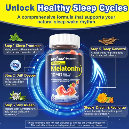 Miniatura 5 de Nextdia Gomitas de melatonina sin azúcar, 10 mg 20 mg de glicinato de magnesio y melatonina para adultos, Ashwagandha, L-teanina, B6, B12, bálsamo