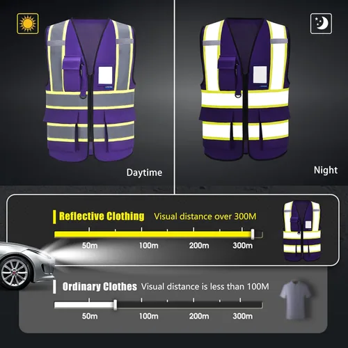 Miniatura 3 de AYKRM 11 color alta visibilidad reflectante chaleco de seguridad para mujeres hombres bolsillo cremallera ANSI/ISEA estándar Púrpura