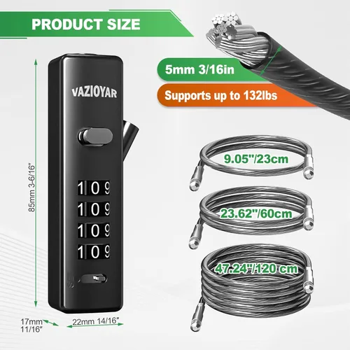 Miniatura 2 de Cerraduras de cable con combinación, cerradura de bicicleta, cerradura de maletas, viene con 3 longitudes diferentes de cables, bloqueo de Negro