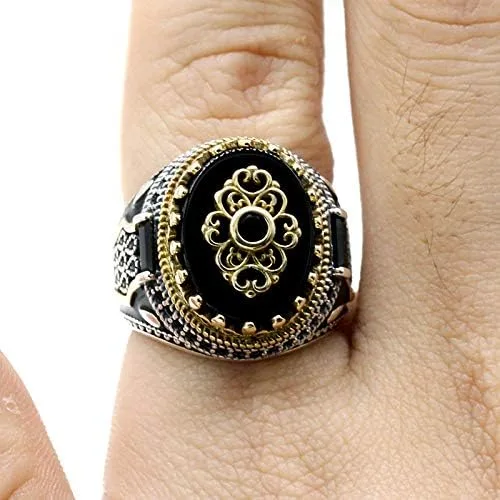 Miniatura 4 de Qida S925 Stamp Sterling Silver OnyxLapis Lazuli Ring for Men Female Turkish Handmade Vintage Luxury Band
