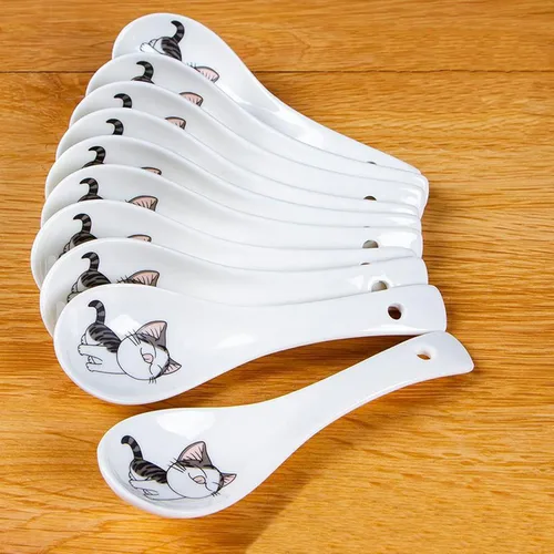 Juego de 10 cucharas de sopa con patrón de gato asiático, cucharas de porcelana de cerámica de 5.4 pulgadas para cereales, ramen, aperitivos,