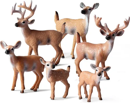 Paquete de 6 figuras de ciervo, animales del bosque, figuras familiares de ciervos de cola blanca, decoración de pastel de criatura de bosque de