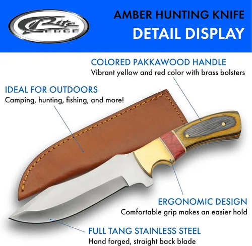 Miniatura 2 de SZCO Full Tang Upsweep - Cuchillo de caza de 9.5 pulgadas, cuchillo de bolsillo con hoja de acero inoxidable, mango de madera ámbar rojo/latón