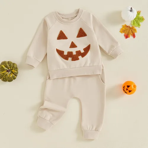 Miniatura 216 de Adobabirl Conjunto de sudadera y pantalones de Halloween para bebé, sudadera y pantalones con parche de calabaza para Halloween, otoño, ropa de bebé