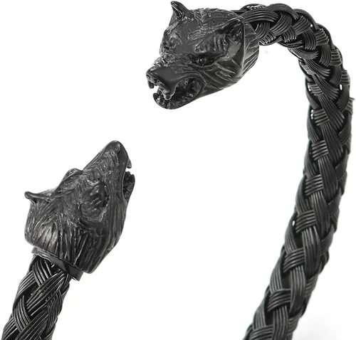 Miniatura 2 de COOLSTEELANDBEYOND Pulsera de cabeza de lobo para hombre de acero trenzado de acero pulido, ajustable