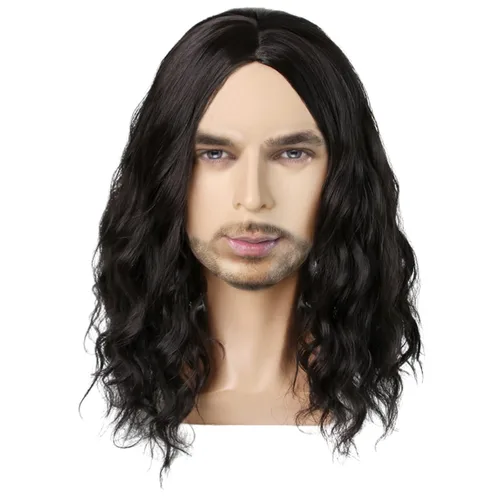 Miniatura 2 de Peluca negra para hombre, peluca rizada de longitud hasta el hombro, parte media, peluca negra para cosplay, fiesta de Halloween